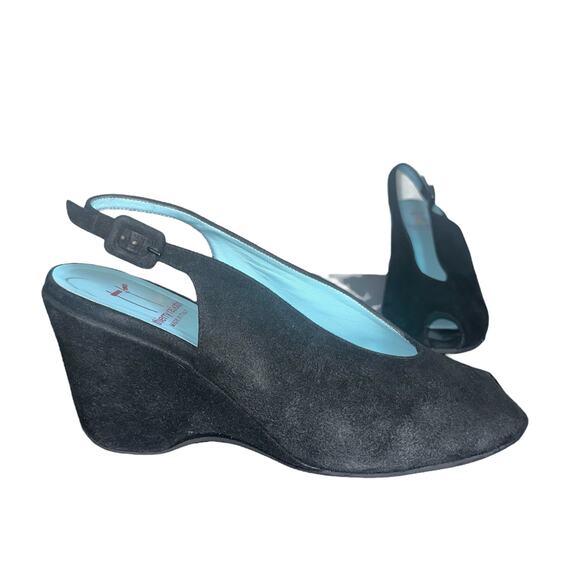 Thierry Rabotin Black Suede Slingback Wedge Heels Size 40 (9.5) Made in Italy - Picture 1 of 11